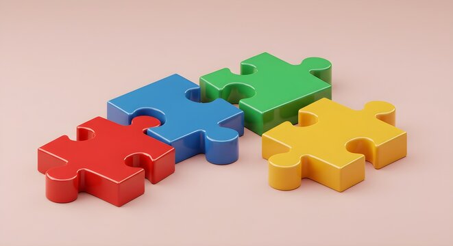 Vibrant 3D puzzle pieces, some connected, on a soft pink background, symbolizing teamwork, problem-solving, and unity - Powered by Adobe