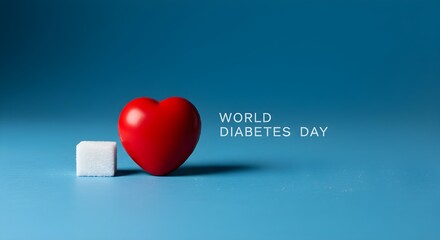 World Diabetes Day awareness with a red heart and sugar cube on a blue background highlighting the impact of sugar on health.