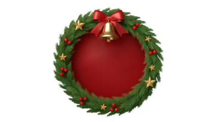 Festive christmas wreath with red bow golden bell and stars isolated on transparent background