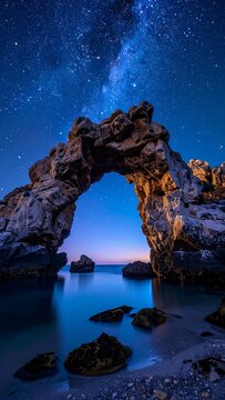 A majestic stone arch frames a calm sea and starry sky, creating a serene and breathtaking nighttime coastal landscape. The arch is illuminated by warm light