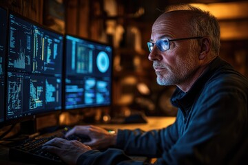 Focused professional intently working on multiple computer screens, analyzing complex data and code, actively typing in a dimly lit tech environment.