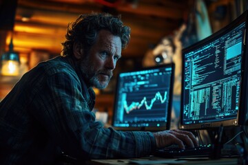 A focused bearded man intently monitors glowing financial data and complex code across multiple screens, deeply immersed in strategic analysis.