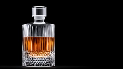 Crystal Decanter with Whiskey: A Luxurious and Elegant Glass Bottle with Amber Liquid on a Black Background, Perfect for Spirits and Fine Drinks