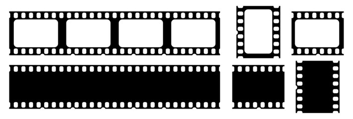 Set of film strip icons showing various frame borders and reel shapes. Classic vintage cinema and photo frame design for movie, media, and photography projects in clean minimalist vector style.