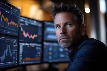 A focused man, likely a financial trader or analyst, seriously monitors real-time market data across multiple computer screens, immersed in financial analysis.
