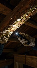 fireplace in the old house, Hand checks damaged wood beam with flashlight. Inspector examines wood rot, fungus on timber. Maintenance worker inspects decay termite damage to house construction. Proble
