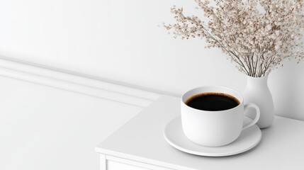 Minimalist Coffee Still Life: Black Coffee in White Cup with Dried Flowers in Vase on White Table for Home Decor and Cafe Promotion