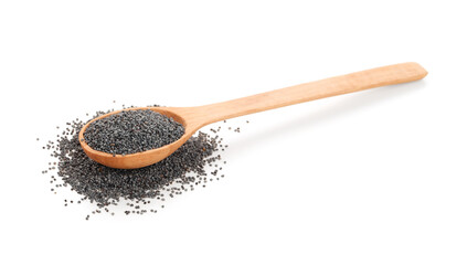 Wooden spoon with poppy seeds on white background