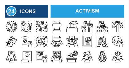 Activism line icon set with editable stroke, featuring flag, climate crisis, feminism, solidarity, vote, resistance, podium, protest, strike, potential, and social movement in thin linear style.