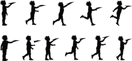 Silhouette of boy playing with paper airplane, childhood imagination, outdoor fun, freedom, flying toy, creativity, happiness, motion, dream concept