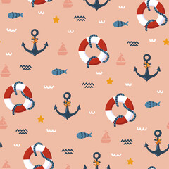 Nautical Themed Seamless Pattern Featuring Anchors Lifebuoys and Sailboats in Pixel Art Style with a Soft Coral Background