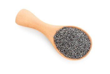 Wooden spoon with poppy seeds on white background