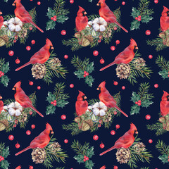 Cardinal bird on a spruce branch with cones and holly seamless pattern for Christmas on a dark background. Hand-painted watercolor illustration. Christmas tree winter picture for the holiday.