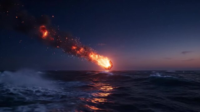 Fiery meteor crashes into the dark ocean, creating a dramatic splash and illuminating the night sky