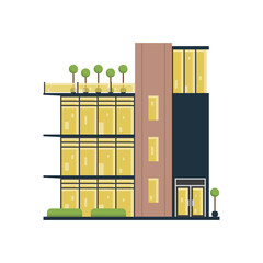 Modern Office Building With Glass Facade And Greenery On Rooftop And Ground Level During Daytime With Blue Sky Background