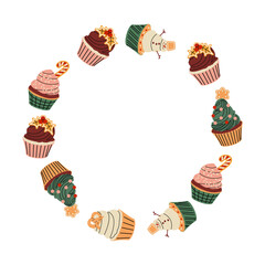 Holidays decoration border with cupcakes in doodle style for poster placards and invitations. Christmas and New Year design holiday frame illustration