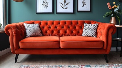 Orange tufted couch with pillows in interior near wall art and flowers