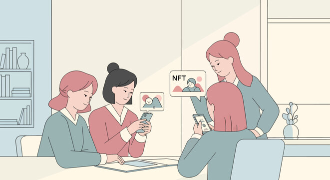 Business Women Collaborating on NFT Digital Art Investment Strategy in Modern Office Setting