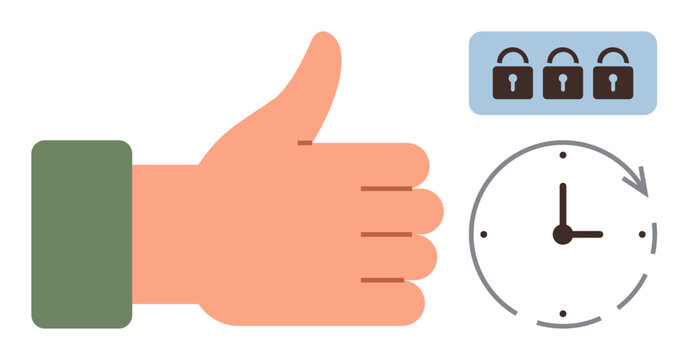 Hand gesture expressing approval, padlocks indicating security, and a clock symbolizing time management. Ideal for trust, reliability, punctuality, efficiency, privacy, decision-making teamwork