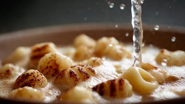 Delicious gnocchi bubbles in a pot, showcasing culinary craft and attention to detail, as spices float above, exemplifying the artistry involved in food preparation.