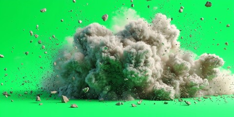 Dust cloud explosion with rock fragments flying outward, realistic motion physics, on bright green background.