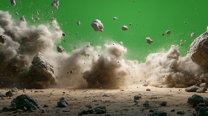 Dust explosion with flying rocks and debris, realistic physics, bright green backdrop.