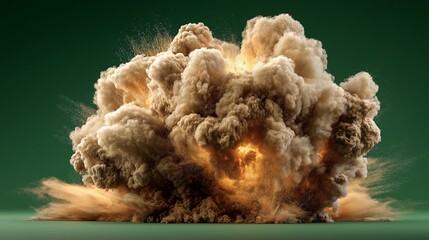 Dust cloud explosion with subtle fire highlights, realistic motion blur, green background.