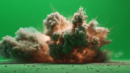 Missile impact explosion with shockwave and debris, cinematic VFX, green screen.