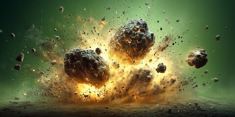 Meteor impact explosion with dust, fire, and glowing rocks, high detail, green background.