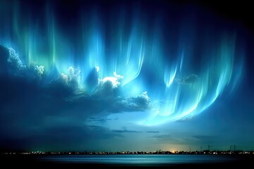 Auroral display of glowing blue curtains over distant lights
