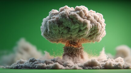 Nuclear mushroom cloud explosion in miniature style, highly detailed, green background.