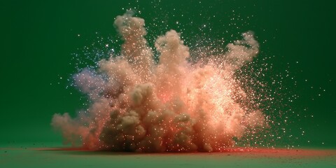 Small-scale firecracker explosion, smoke and colorful sparks, isolated on green screen.