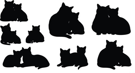 Silhouette of cats sitting and cuddling together, black vector illustration, pet love, feline family bonding, domestic animals in affectionate poses