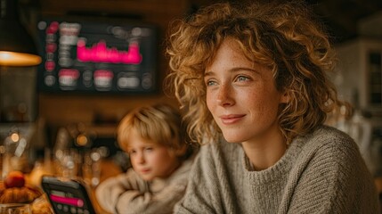 Young woman with curly blonde hair and freckles smiles warmly while a child looks on, a digital screen displays data in the background, suggesting learning or work.
