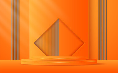 Orange podium with elegant golden lines with brown slatted backdrop for advertisement display. Display of cosmetic products. stage or podium. vector illustration