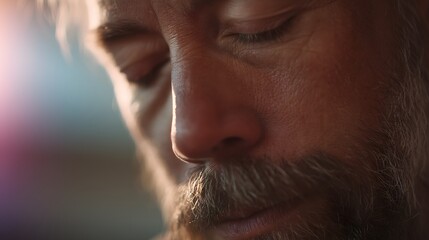 Obraz premium Close Up Of Mature Man With Beard And Closed Eyes In Soft Sunlight Showing Texture And Serenity