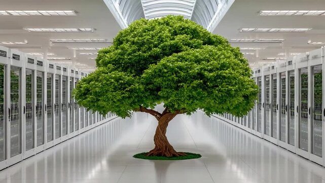 Eco-Friendly Data Center: A vibrant tree thrives within a modern data center, symbolizing sustainable technology and green computing.