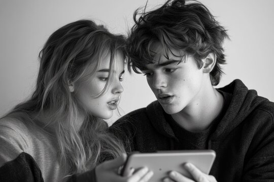 Two young people, a man and woman, deeply engrossed in a shared tablet screen, displaying focused attention and shared digital interaction.