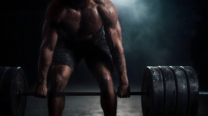 A powerfully built muscular man is intensely focused as he performs a heavy deadlift with a barbell in a dark atmospheric gym with smoke and dramatic