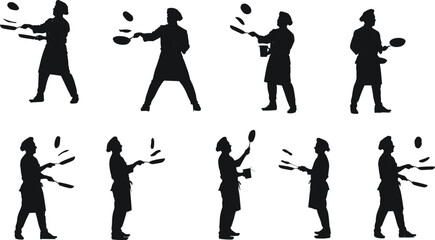 Silhouette of chefs cooking and juggling pans, culinary art vector illustration, restaurant kitchen design, professional cook artwork, food preparation concept
