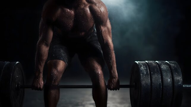 A powerfully built muscular man is intensely focused as he performs a heavy deadlift with a barbell in a dark atmospheric gym with smoke and dramatic