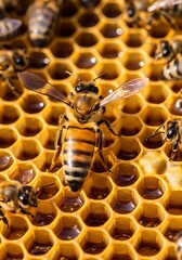 Honeybee on honeycomb, close-up of a bee in a hive.
