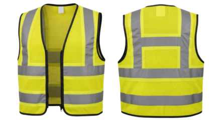 Front and back view of a high visibility yellow safety vest with reflective stripes. Isolated on transparent background, png