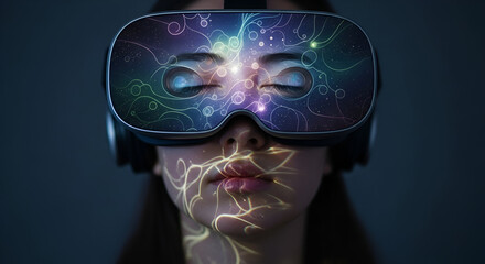 Woman Experiencing Immersive Virtual Reality with Abstract Light Projections.