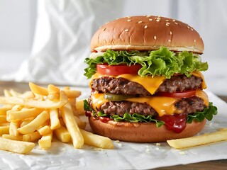 Realistic Juicy Burger with Melted Cheese, Lettuce, Tomato, Served with Golden Fries, Comfort Fast Food, Gourmet Burgers and Loaded Fries on Clean White Background