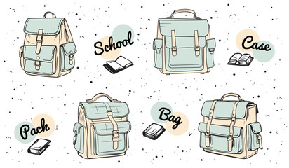 School Bags Set For Coloring Books - Vector Cartoon Style Illustrations Isolated On White Background