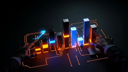 Man hand interacting with glowing bar graph and circuit board for financial data analysis showing rising trend, footage. - Powered by Adobe