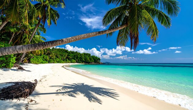 A vibrant tropical beach scene featuring a long palm tree casting a shadow on the pristine white sand, with turquoise water and blue sky