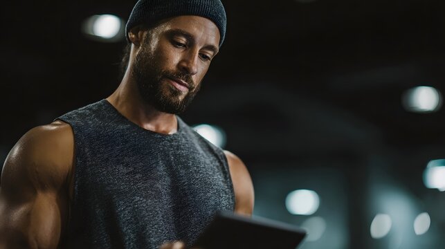 A focused muscular man in a gym uses a tablet representing professional fitness business management and technology
