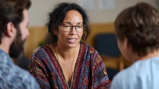 A candid portrayal of a group discussion featuring a thoughtful woman. This image conveys connection, empathy, and the importance of communication in collaboration.